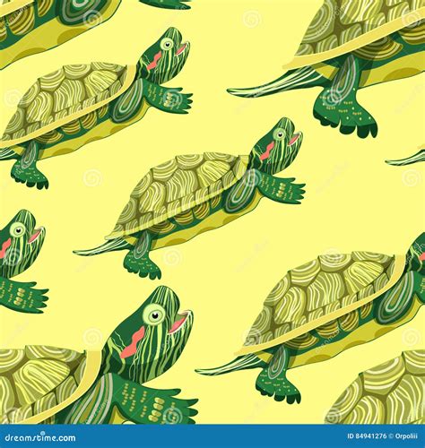 Seamless Pattern Pond Slider Turtle Green Smiling Vector Illustration