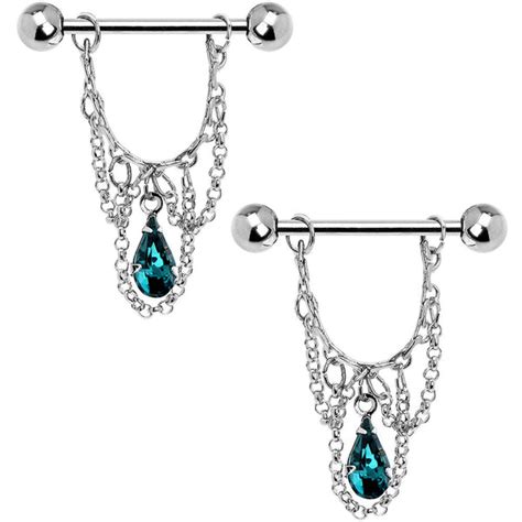 Blue Zircon Teardrop Chain Dangle Nipple Ring Set Bodycandy