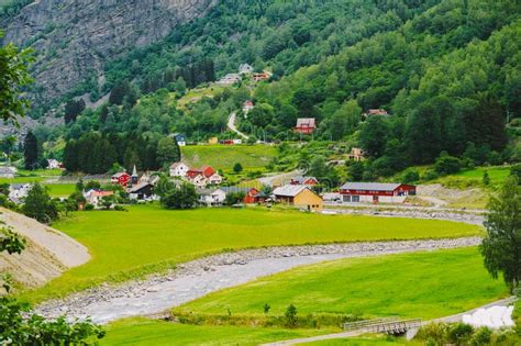 Norway Mountain Landscape With Country Houses Aerial View Of The