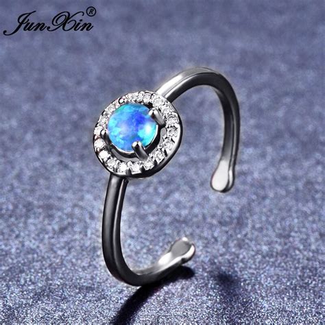 Junxin Cute Female Whiteblue Fire Opal Ring Cz Stone Adjustable Ring