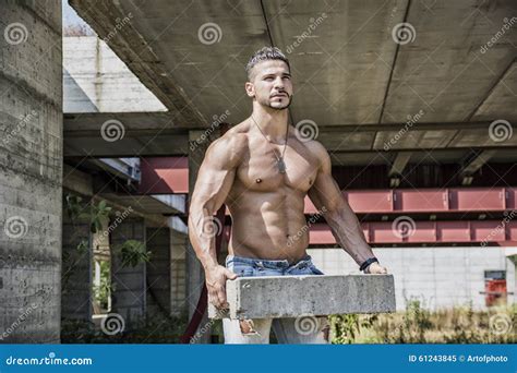 Construction Worker Shirtless With Muscular Stock Image Image