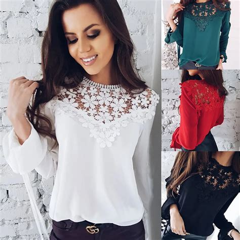 2019 New Spring Summer Blouses Women Long Sleeve Chiffon Lace Casual