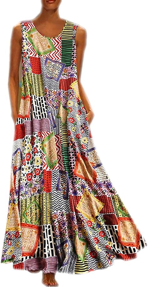Women Plus Size Summer Sleeveless Maxi Bohemian Dress Swing Boho Dresses Uk Clothing