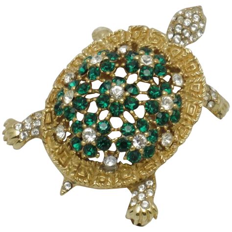 Vintage CINER Gold Plated Rhinestone Figural Turtle Brooch Pin Turtle