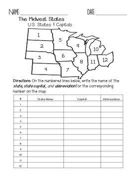 Printable midwest states and capitals worksheet