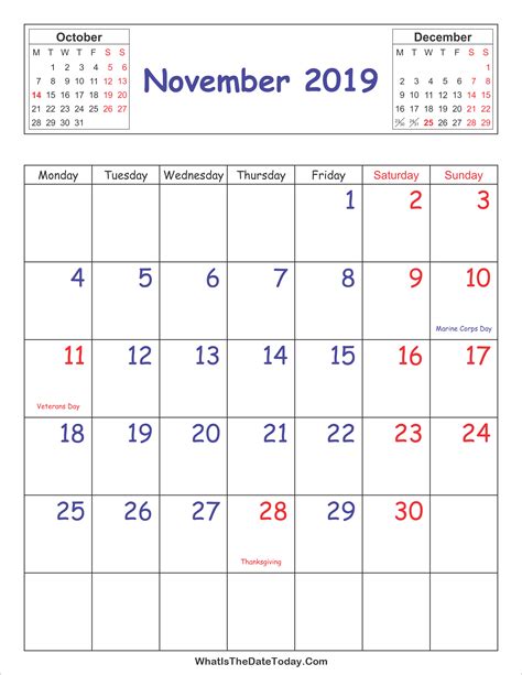 Printable 2019 Calendar November Vertical Layout Whatisthedatetodaycom