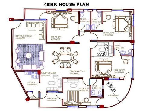 4 Bhk House With Furniture Layout Plan Autocad Drawing Dwg File Cadbull
