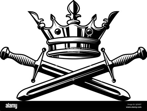 Illustration Of King Crown And Crossed Swords In Monochrome Style