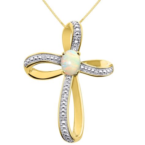 Rylos Diamond And Opal Cross Pendant Necklace Set In 14k Yellow Gold