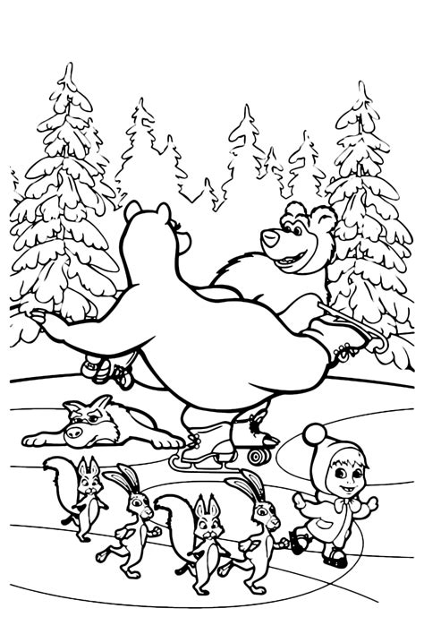 I disegni da colorare sono un grande passatempo per i vostri bambini: Masha e Orso - Orso balla felice sul ghiaccio assieme ad ...
