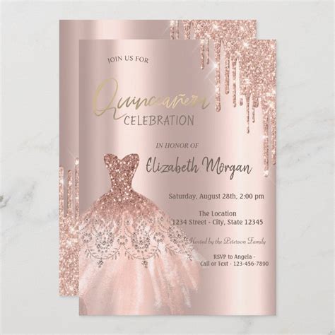 Rose Gold Glitter Drips Dress Quinceaera Invitati Invitation Size X