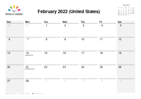 Printable Monthly Calendar — United States — February 2022