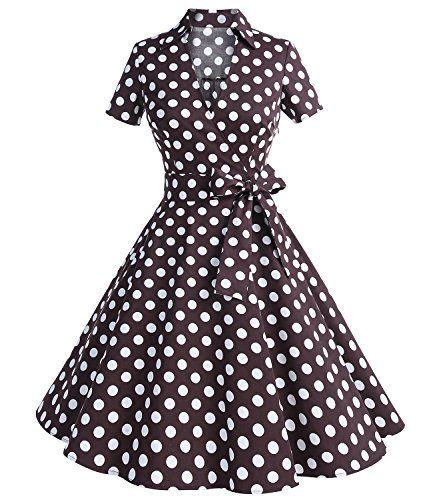 50s 60s Retro Hepburn Style V Neck Swing Lapel Rockabilly Housewife Pinup Dress Cheap And