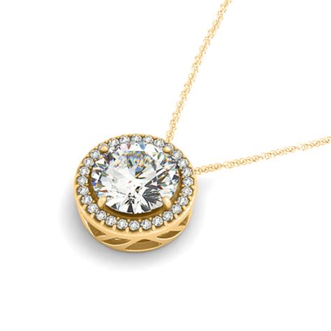 Diamond Floating Solitaire Halo Pendant Necklace 14k Yellow Gold 204ct