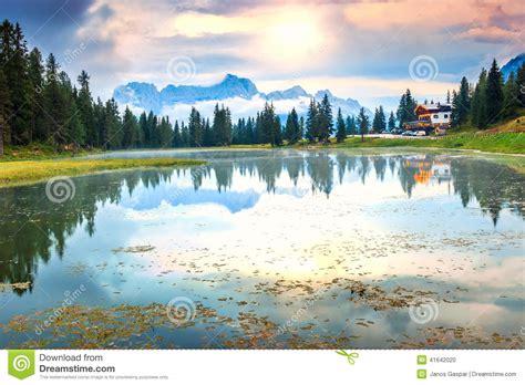 Majestic Sunset In The Dolomiteslago Di Antornoitaly Royalty Free