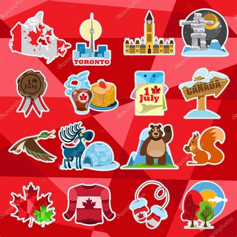 There are several important canadian symbols that everyone absolutely needs to know. Symbols of Canada set on polygon red background. — Stock ...