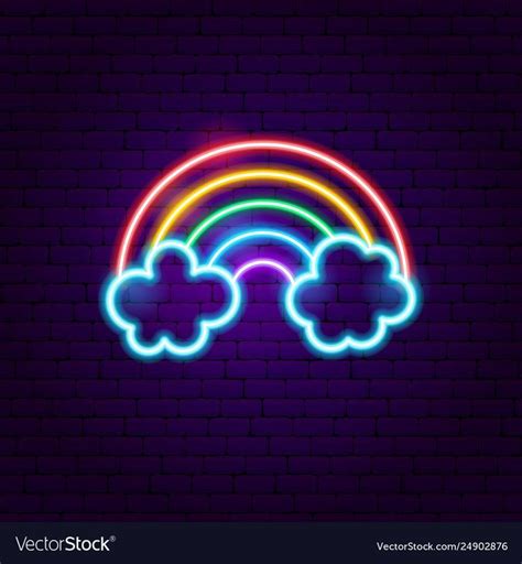 Rainbow With Clouds Neon Label Vector Image On Vectorstock In 2020