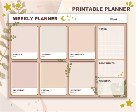 Aesthetic Printable Weekly Planner Pantone Cottagecore Moon Stars