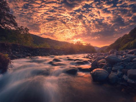 Wallpaper River Stones Red Clouds Sunset 1920x1200 Hd Picture Image