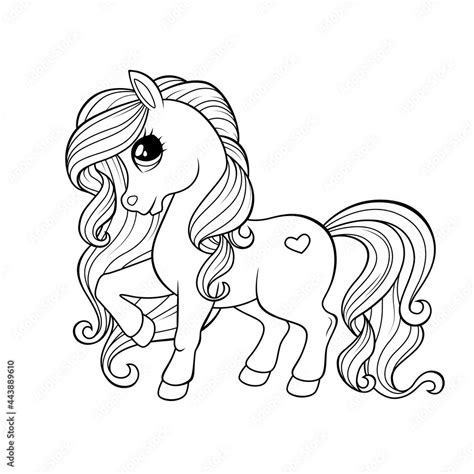 Cute Little Pony Black And White Illustration For Coloring Book Stock