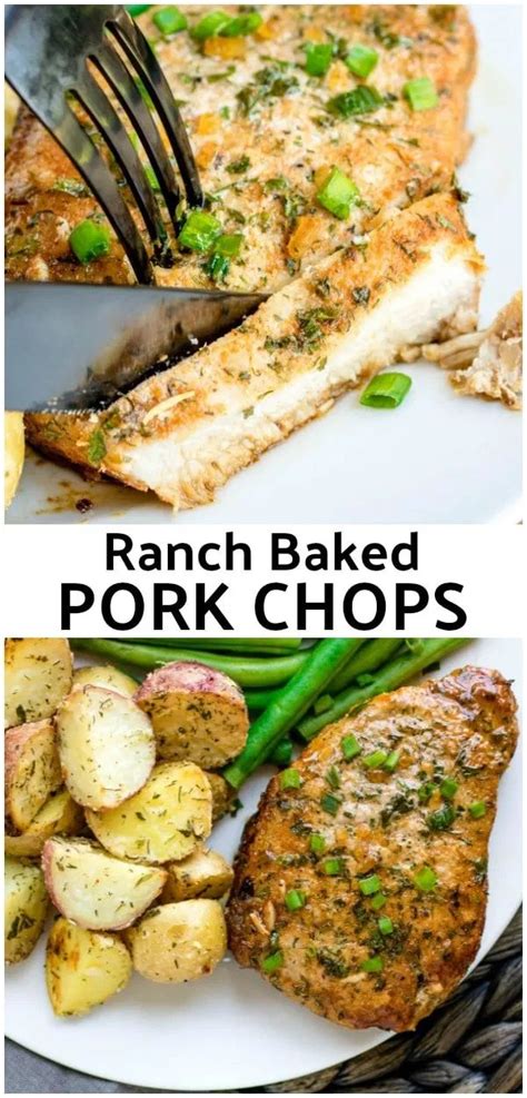 Season pork chops liberally with salt and pepper. This easy recipe for Ranch Baked Pork Chops is baked in ...