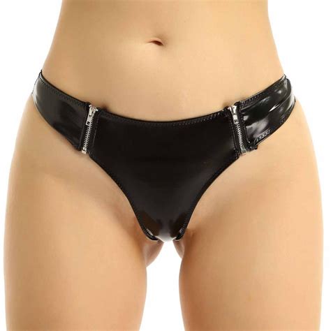 Buy Womens Shiny Patent Leather Bikini Briefs Low Waisted Zipper Thong Panties Underpants