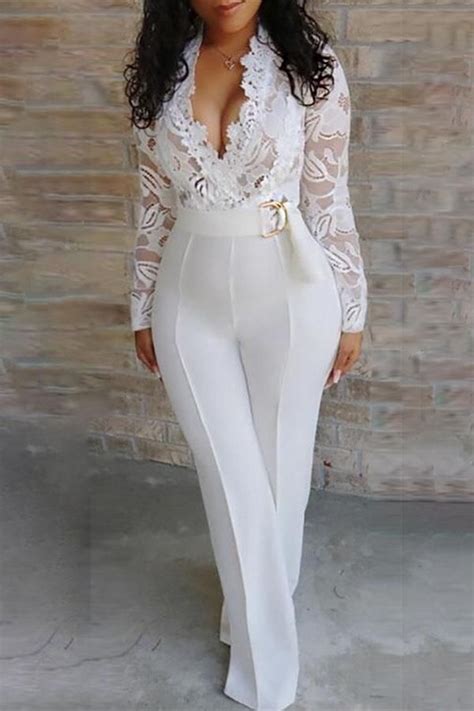 Womens Jumpsuits And Rompersv Neck Lace Splicing Sheer Jumpsuitwhatbeloved White Lace