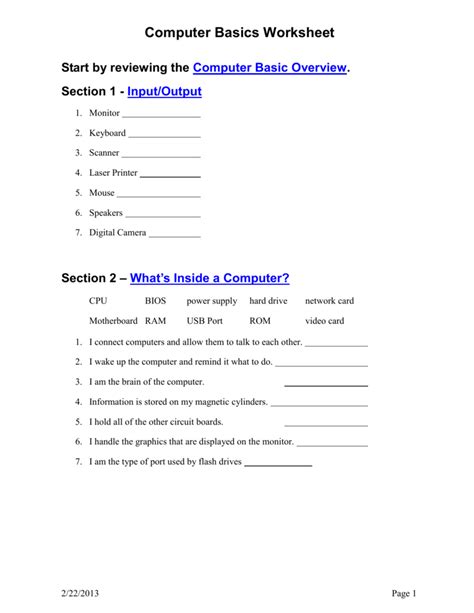Computer Basics Worksheet Answer Key