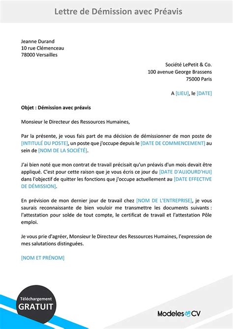 Modèle de Lettre de Démission avec Préavis (Gratuit)