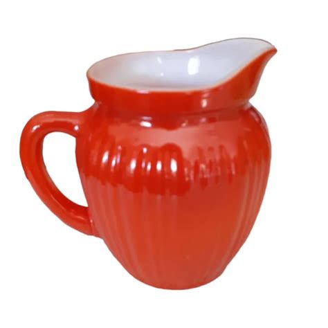Vintage Hazel Atlas Milk Glass Creamer Pitcher Orange Red Ribbed