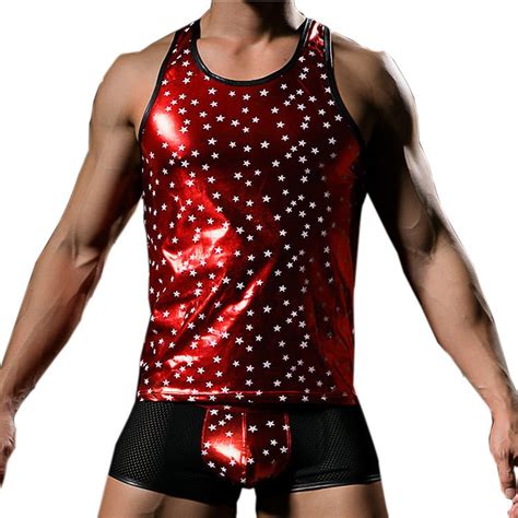 Fashion Faux Leather Men Sexy Star Printed Fitness Tank Tops Gay Male