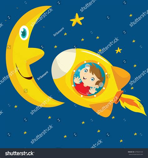 Boy Rocket Moon Cartoon Vector Illustration Stock Vector Royalty Free