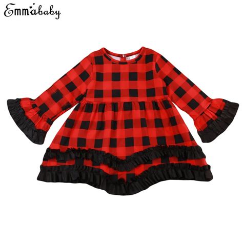 Fashion Baby Kids Girls Dress Plaids Checked Long Sleeve Party Princess