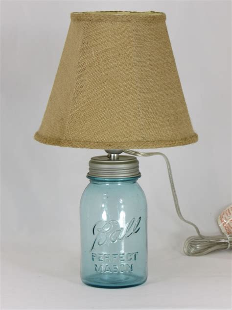 Aqua Quart Mason Jar Lamp With Burlap Shade Etsy