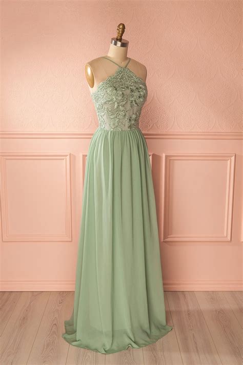 Sage Green Halter Maxi Bridesmaid Dress With Floral Embroidery On