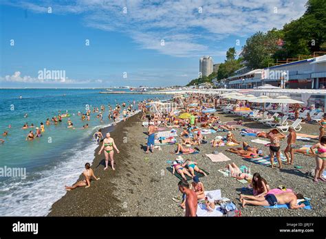 Sochi Russia 06 July 2017people Swim And Sunbathe At The City
