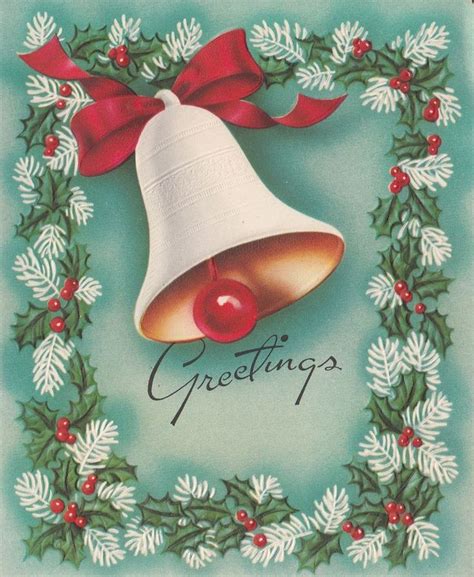 Vintage Greeting Card Christmas Bell Holly 1940s R542 Vintage