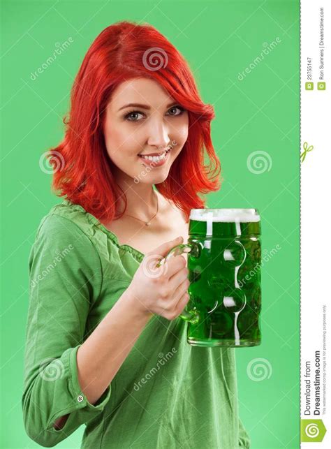 Redhead Drinking Green Beer Stock Image Image Of Grin Drinking 23755147
