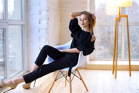 Wallpaper Legs Sitting Model High Heels Black Clothing Hands On Head Women Indoors