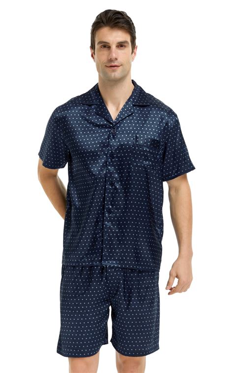 Mens Silk Satin Pajama Set Short Sleeve Navy Blue With Polka Dots