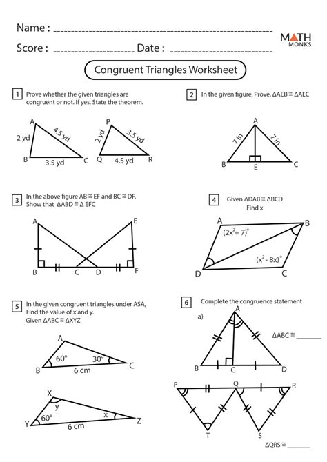 Geometry worksheet congruent triangles asa and aas answers from triangle congruence worksheet answer key , source: Congruent Triangles Worksheets | Math Monks