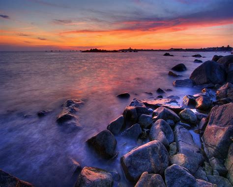 Wallpaper Sunset Sea Bay Rock Shore Reflection Beach Sunrise