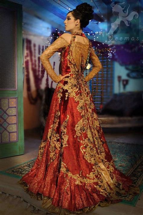 Deep Red Golden Double Layer Front Open Bridal Dress Mehndi Wear Latest Party Dresses