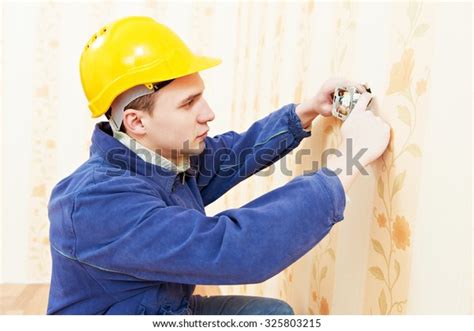 Electrician Worker Installing Light Switch Power Stock Photo 325803215