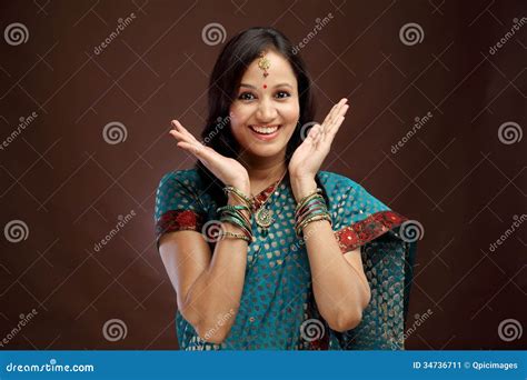 Excited Young Indian Woman Stock Image Image Of Advertise 34736711
