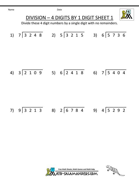 Dividing By 1 Digit Divisors And 4 Digit Numbers Worksheet