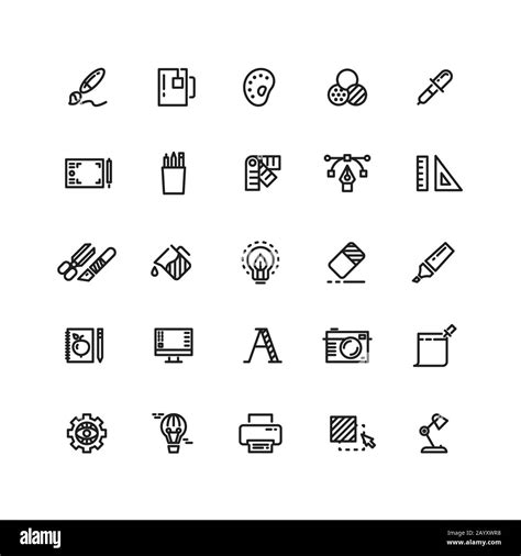 Graphic Design Tools Creative Office Stationery Line Thin Icons Set