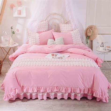 Girls White And Pink Ruffled Edge And Lace Full Queen Size Bedding Sets