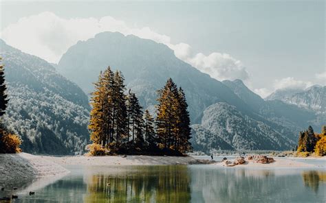 Download Wallpaper 3840x2400 Lake Mountains Trees Fog