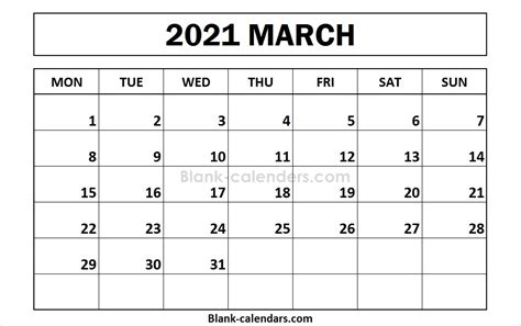 Bookmark our page and come back each month to print the next month's. March 2021 Calendar Monday Start | Blank 2021 Calendar Designs